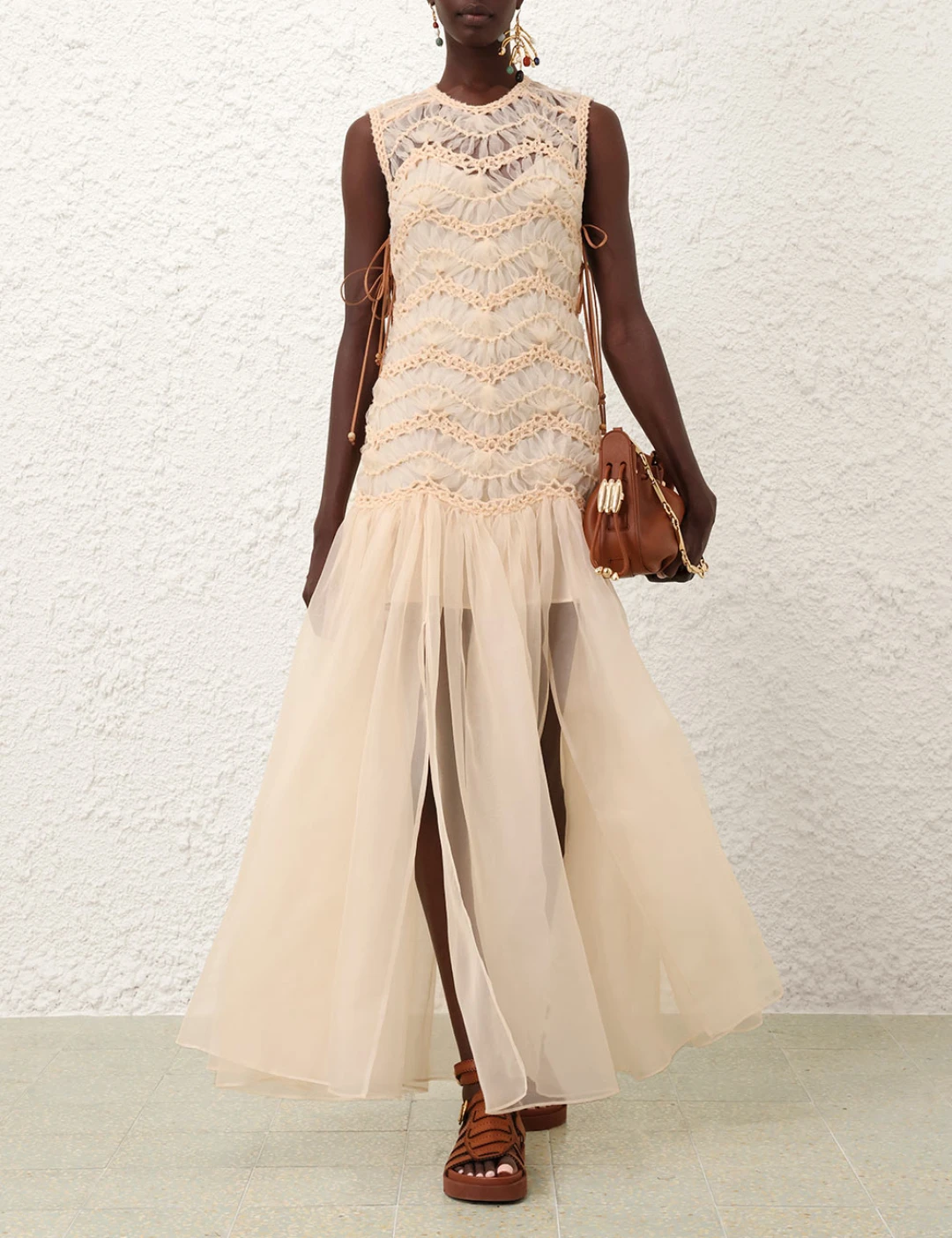 

Grid Weaving Summer High Quality Beige Sleeveless Mesh Pleat Women's Maxi Long Dresses