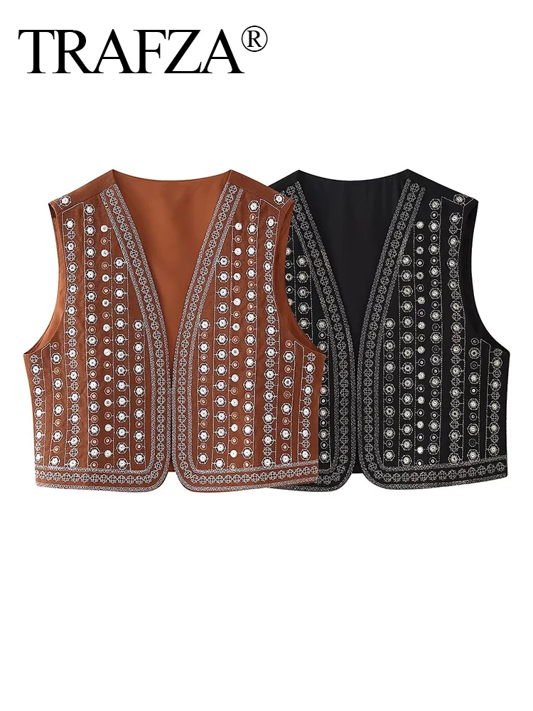 TRAFZA Summer Women New Fashion V-Neck Sequin Embroidered Short Vest Female Chic Attractive Sleeveless High Street Casual Top