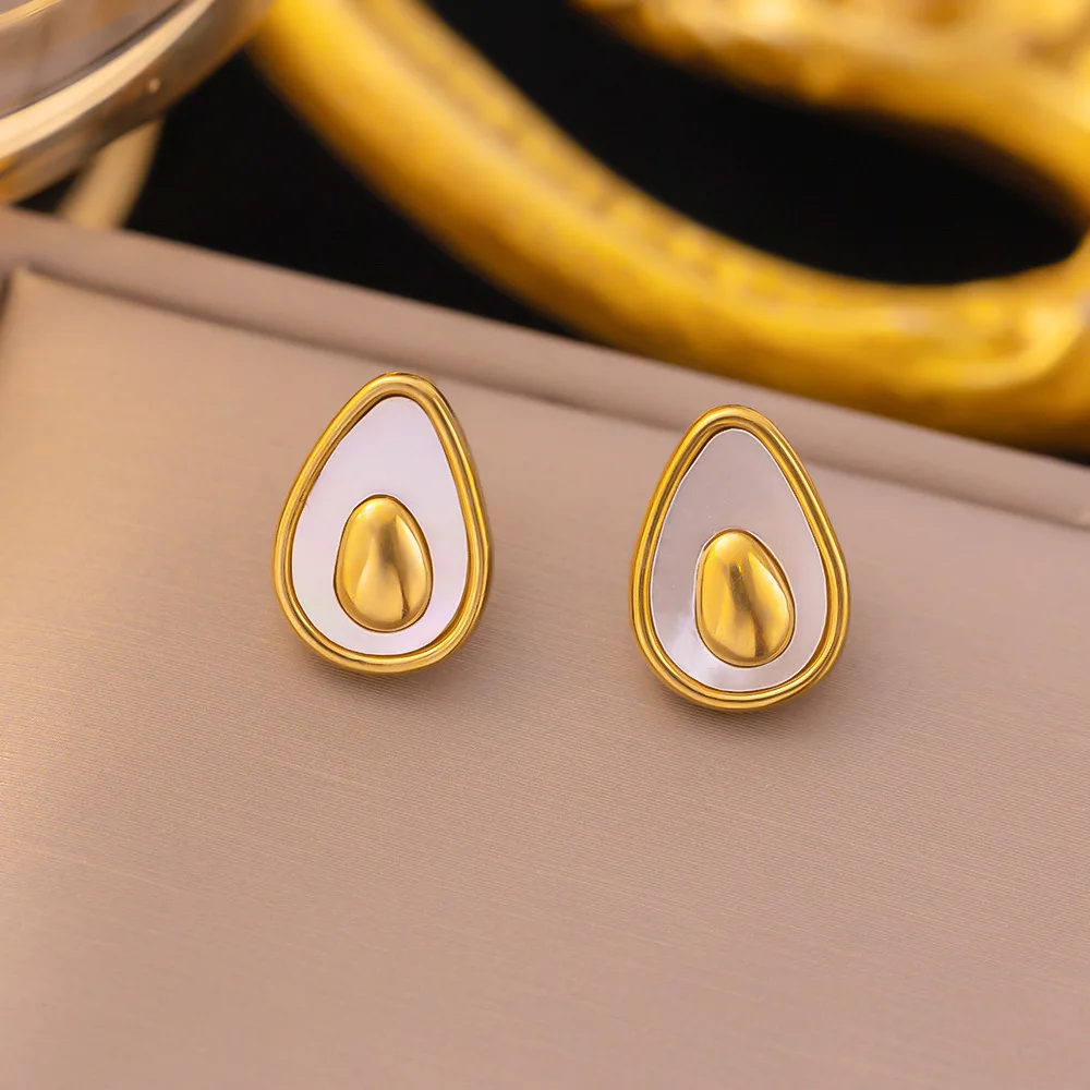 Golden Avocado Studs Stainless Steel Fruit Earrings for Women Natural Shell Fashion Charm Cute Jewelry Gift