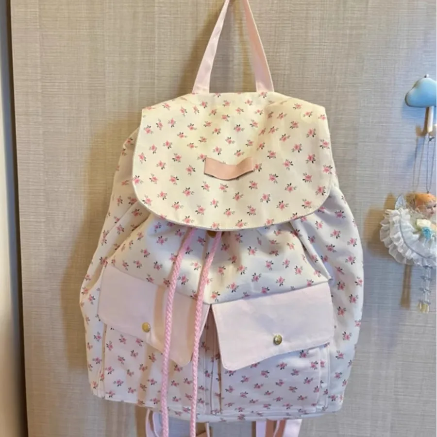 Floral Print Simple Cute Large Capacity Women Backpack Bag Canvas School Girl Shopping Handbags Fashion 2024 New Chic Travel