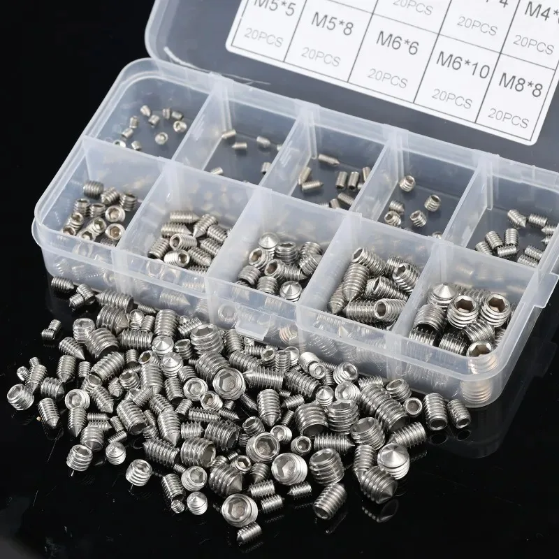 200x سداسية من الفولاذ المقاوم للصدأ مجموعة مقابس المسمار مخروط نقطة المسمار مع صندوق M3 M4 M5 M6 M8 لأدوات الصيانة المنزلية الدقيقة