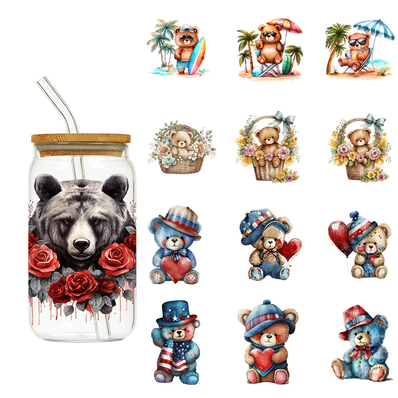 LETOP 1PCS Blue Hat Bear Glass Tumbler Wraps Stickers Plastic Jars 16oz Vacation Bear Cup Wrap Transfer Stickers For Glass