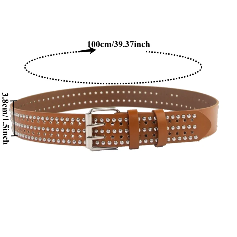 Trendy Punk Hip-Hop Belt with Unique Pin Buckle Five-Pointed Star Eyelets and Claw Beads Denim-Style Pin Buckle Women’s Belt