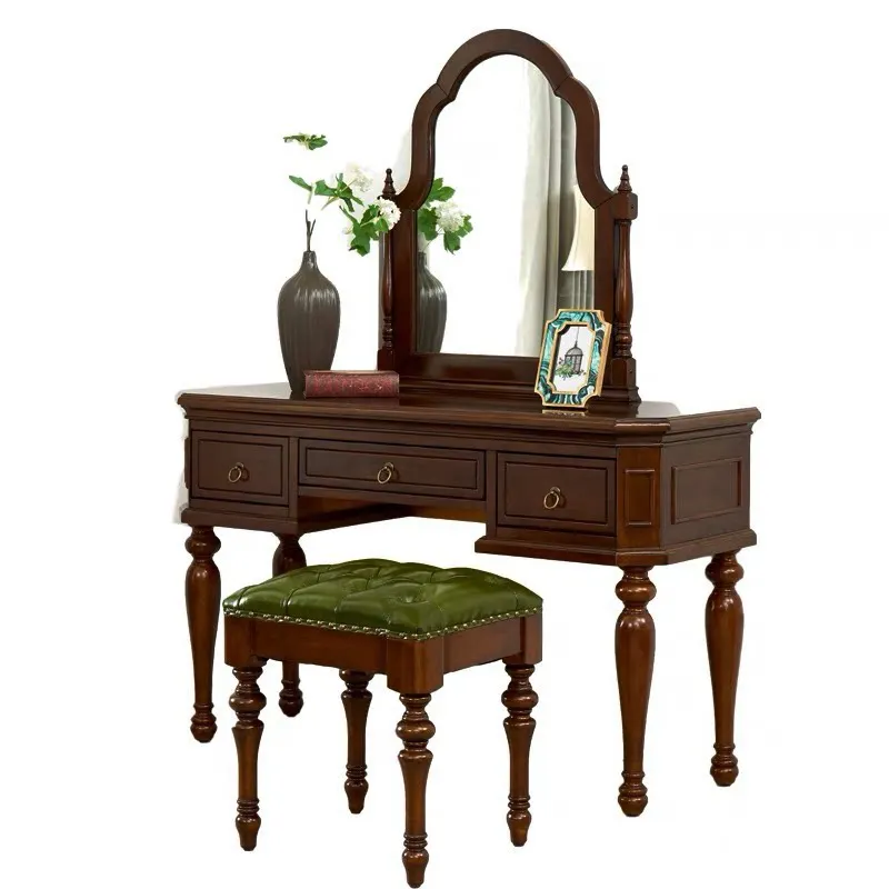 Tocador de madera maciza con espejo, combinación de madera de catalpa, tocador vintage con almacenamiento