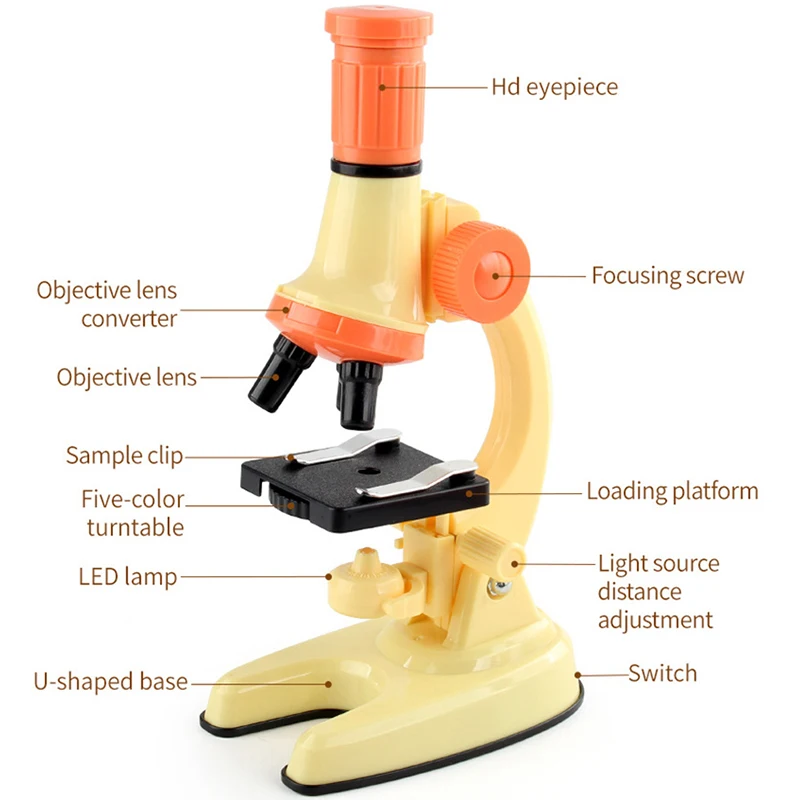 LEDライト付き子供用顕微鏡キット,100x, 600x, 1200x,生物学,幹のおもちゃ,学校,家庭,教育,ポケット