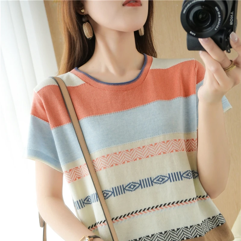 100% cotton T-shirt summer new casual knitted sweater short-sleeved women\'s round neck pullover loose large size women\'s top