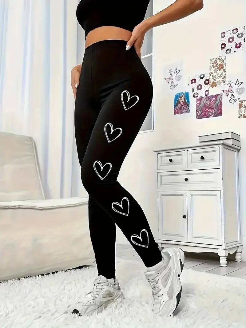 Love patchwork printed tight stretch elastic waist women\'s casual leggings