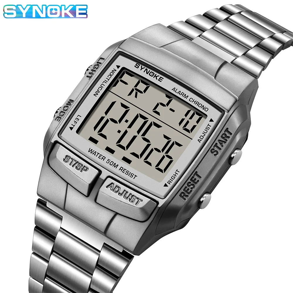 

Men's Electronic Watch Plastic Case Alloy Band 50M Waterproof Multifunction Outdoor Digital Watch SYNOKE 9905