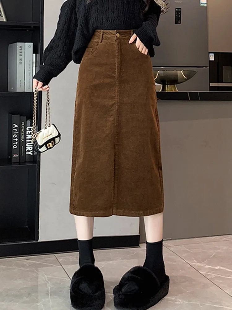 

High Waist Casual Skirt Women New Arrival 2023 Autumn Korean Style Vintage Corduroy Ladies Elegant A-line Long Skirts W1435