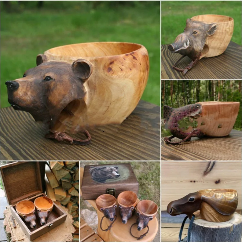 Taza de agua de madera creativa, taza de agua de Lobo, zorro, jabalí, ciervo, cabeza de pez, marca estéreo 3D, taza de agua tallada a mano, taza de cabeza de Animal, regalo de decoración del hogar