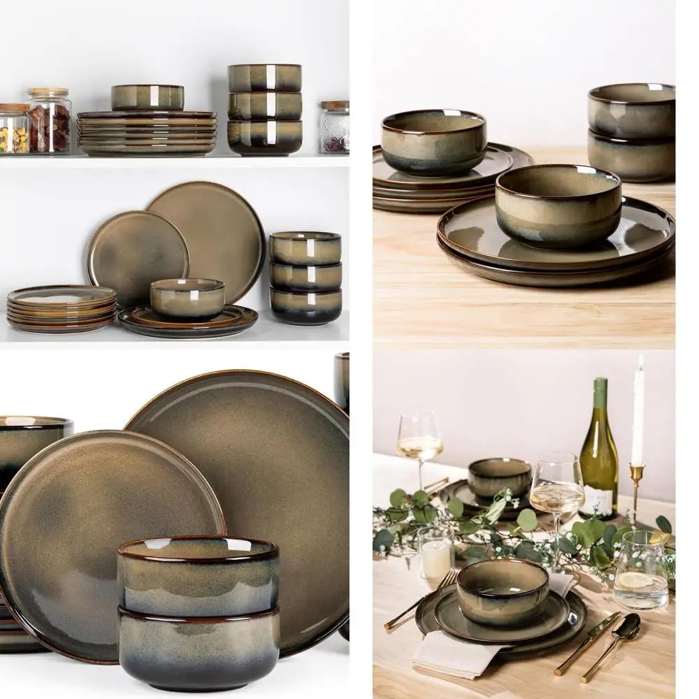 

Handcrafted 24-Piece Ceramic Dinnerware Set for 8, Reactive Glaze, Scratch-Resistant, Oven/Microwave/Dishwasher Safe, Cocoa Moch