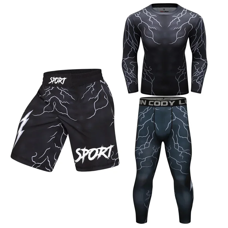 New Compression MMA Rashguard T-shirt Pants Set Men\'s Rashguard Muay Thai Shorts Rash Guard Sportswear Gym Bjj Gi Boxing Jerseys