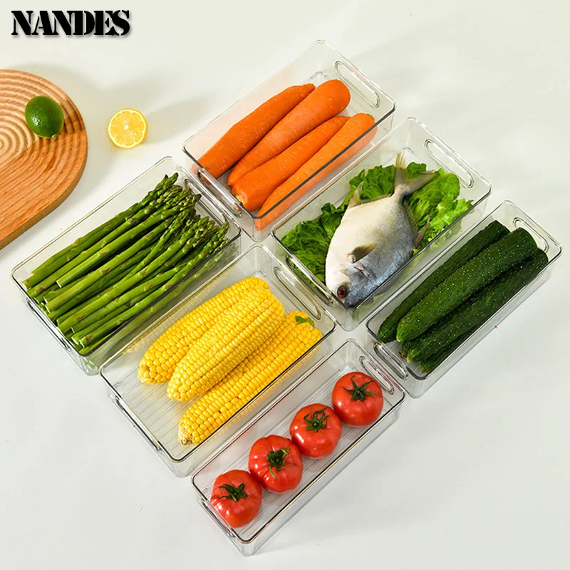 صناديق تنظيم الثلاجة، صندوق تخزين طعام الثلاجة قابل للتكديس مع مقبض، أداة تنظيم الفريزر البلاستيكية الشفافة #2