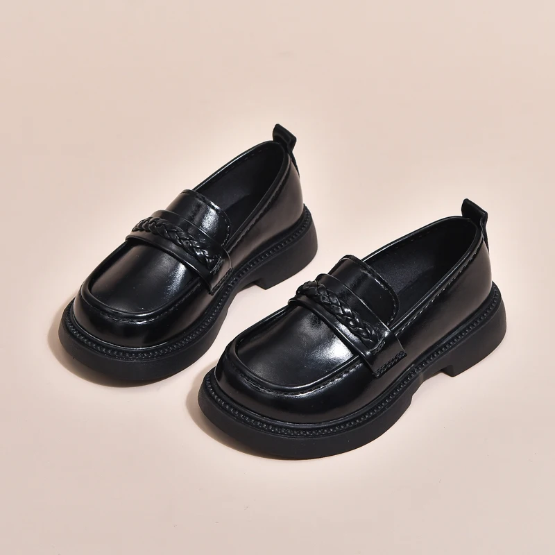 Classic Children's Black School Shoes Princess Woven Strap Causal Girls Leather Shoes Thick Sole Kids Uniform Mary Jane Shoes