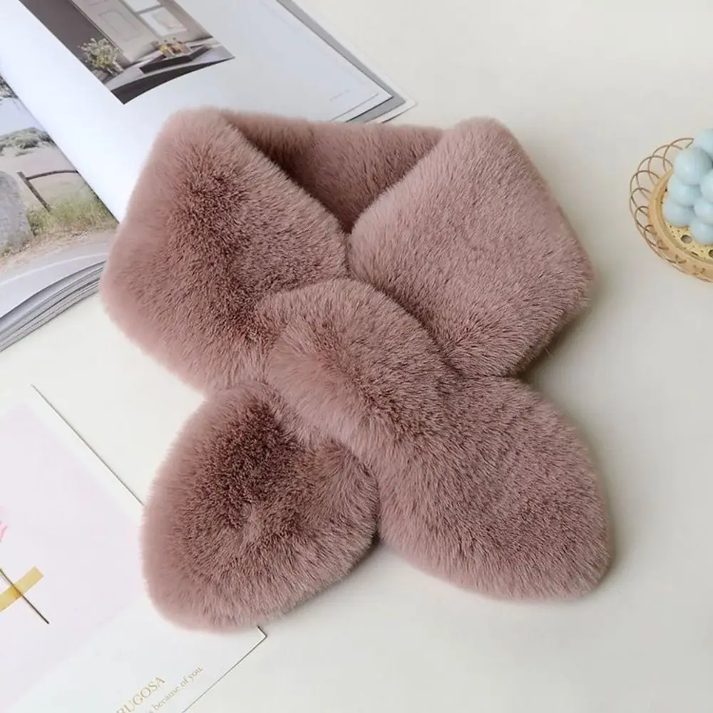 Cute Solid Color Cross Scarf Faux Rabbit Fur Thicken Neck Scarf Neck Warmer Women