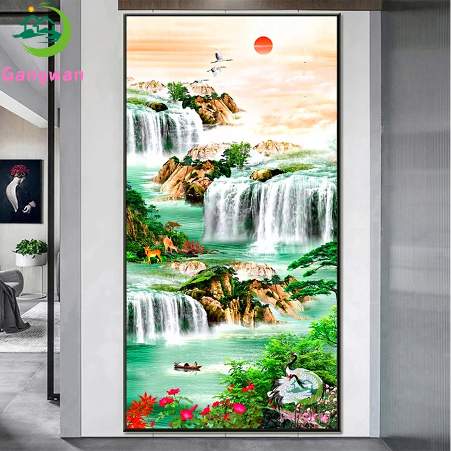 5D Diamond Painting Full Display beautiful waterfall diy Mosaic Embroidery Spectacular scenery Hallway,corridor,aisle Decoration