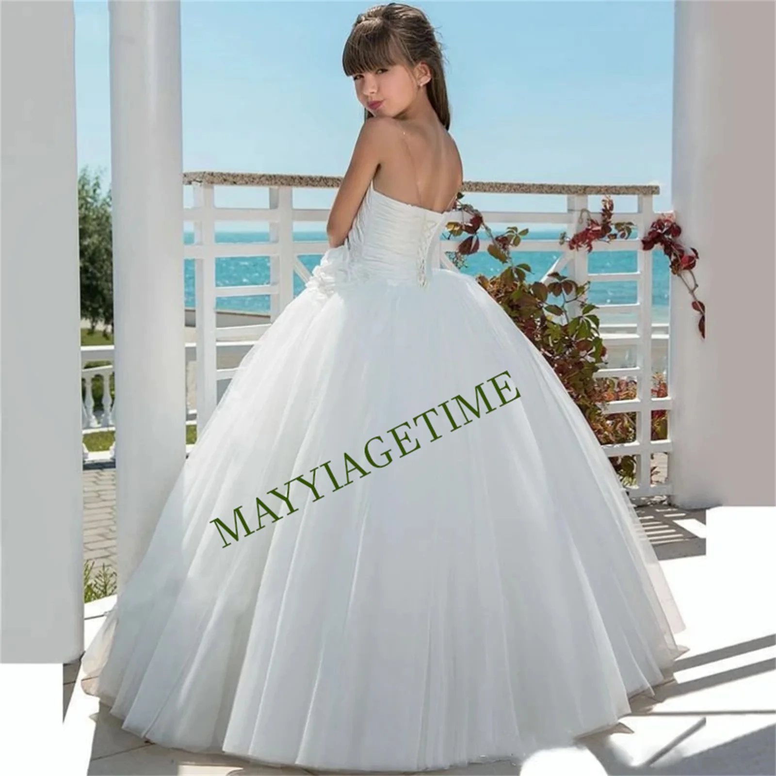 

White Flower Girl Dress For Wedding Tulle Puffy Applique Sleeveless Floor Length Birthday Party Pageant Evening Banquet Gowns