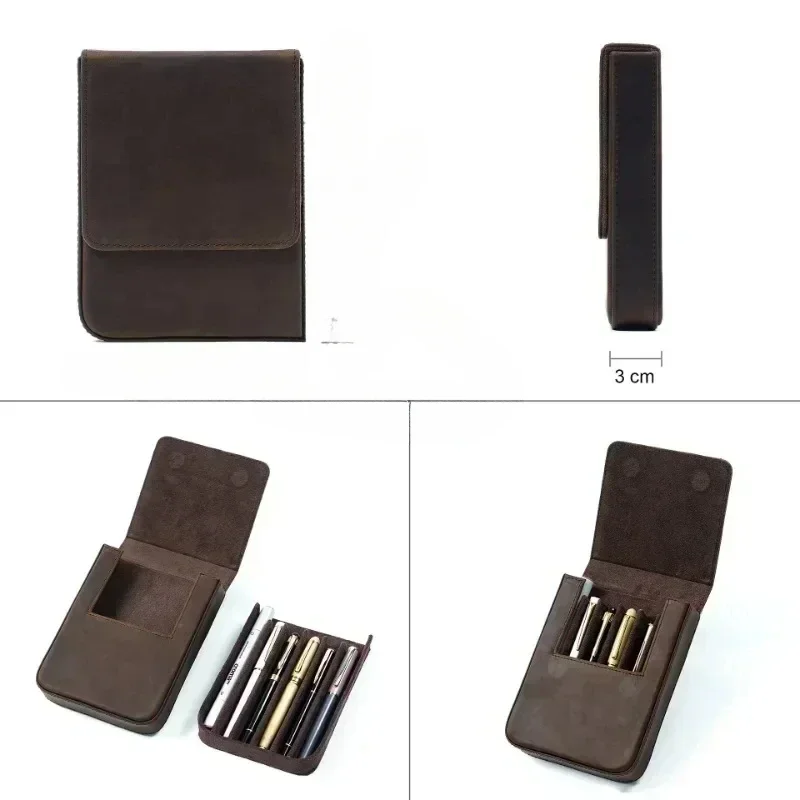 B-M Crazy Horse Leather Pen Box Handmade Magnetic Drawer Style Student Pen Bag Storage Box Office Student Supplies