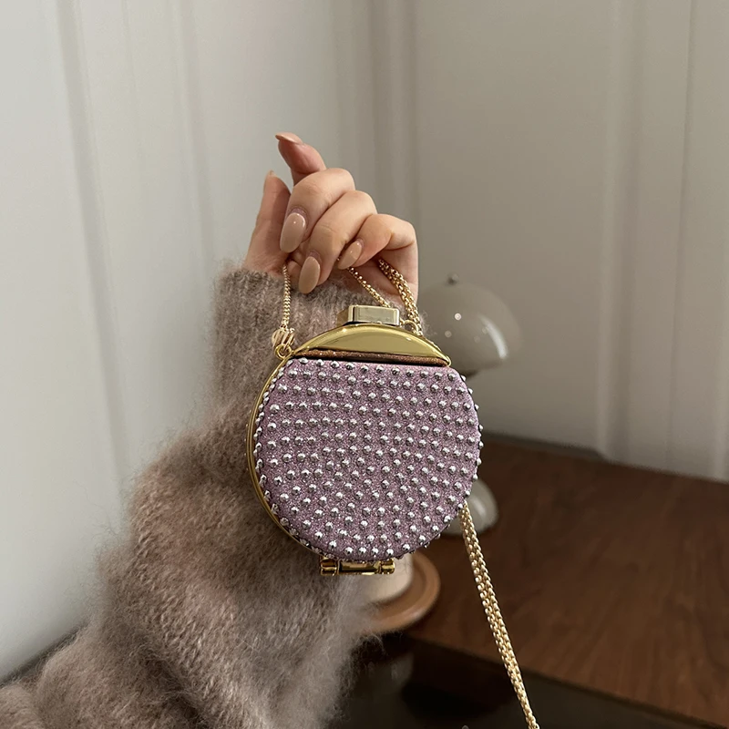 

Женский лавандовый фиолетовый круглый клатч с заклепками, золотой металлический цепочка с застежкой-цепочкой и ремешком, вечерняя вечерняя сумка через плечо 2026