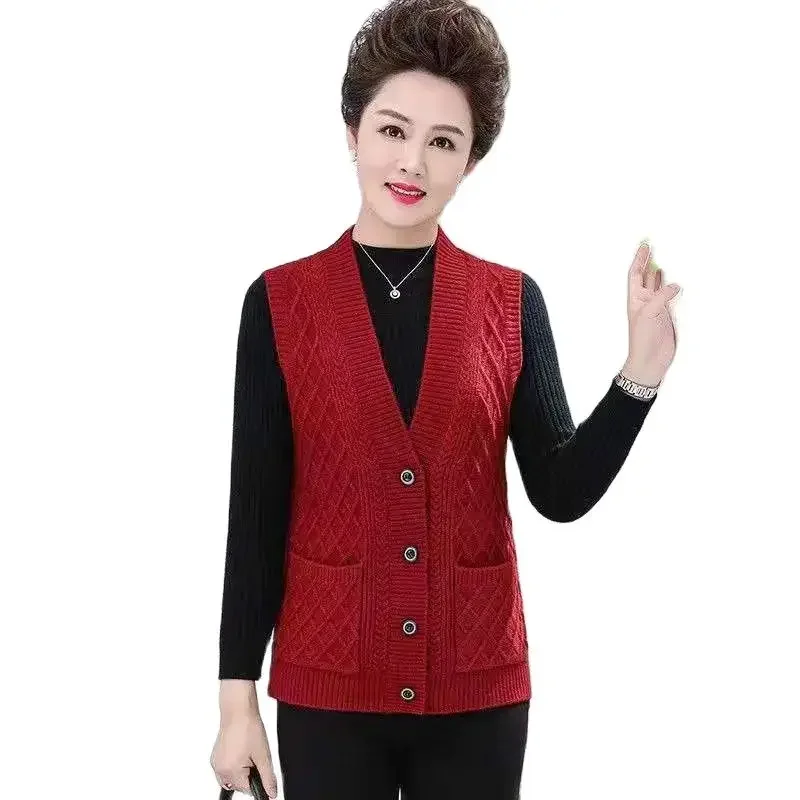 

2024 New Knitted Sweater Vest Middle-Aged And Elderly Mothers Spring Autumn Coat Female Fashion Women V-Neck Top Z423