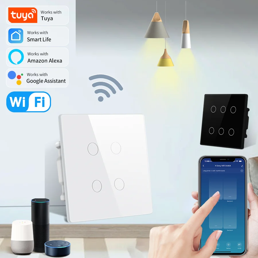 Brazil Standard WiFi Smart Switch Tuya Smart Life Touch Sensor 4/6 Gang Light Control 4x4 Size with Voice Assistance for Alexa G