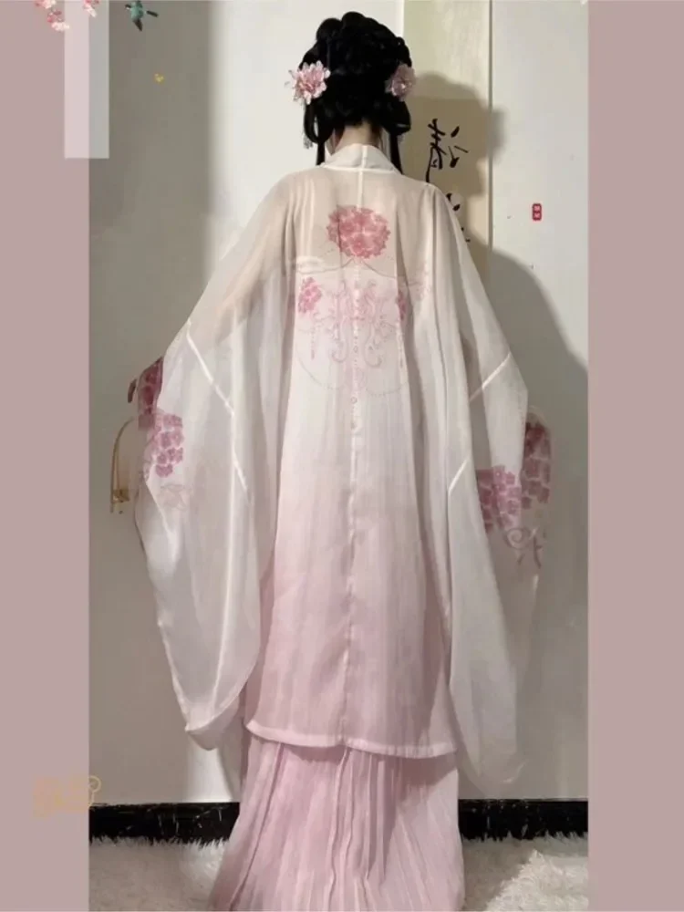 ชุด Hanfu ดั้งเดิมชุด gamis bordir พิมพ์ลายไล่ระดับสีของผู้หญิงชุดสองชิ้นของจีนโบราณ2023ประจำวันสไตล์ใหม่ฤดูใบไม้ผลิ