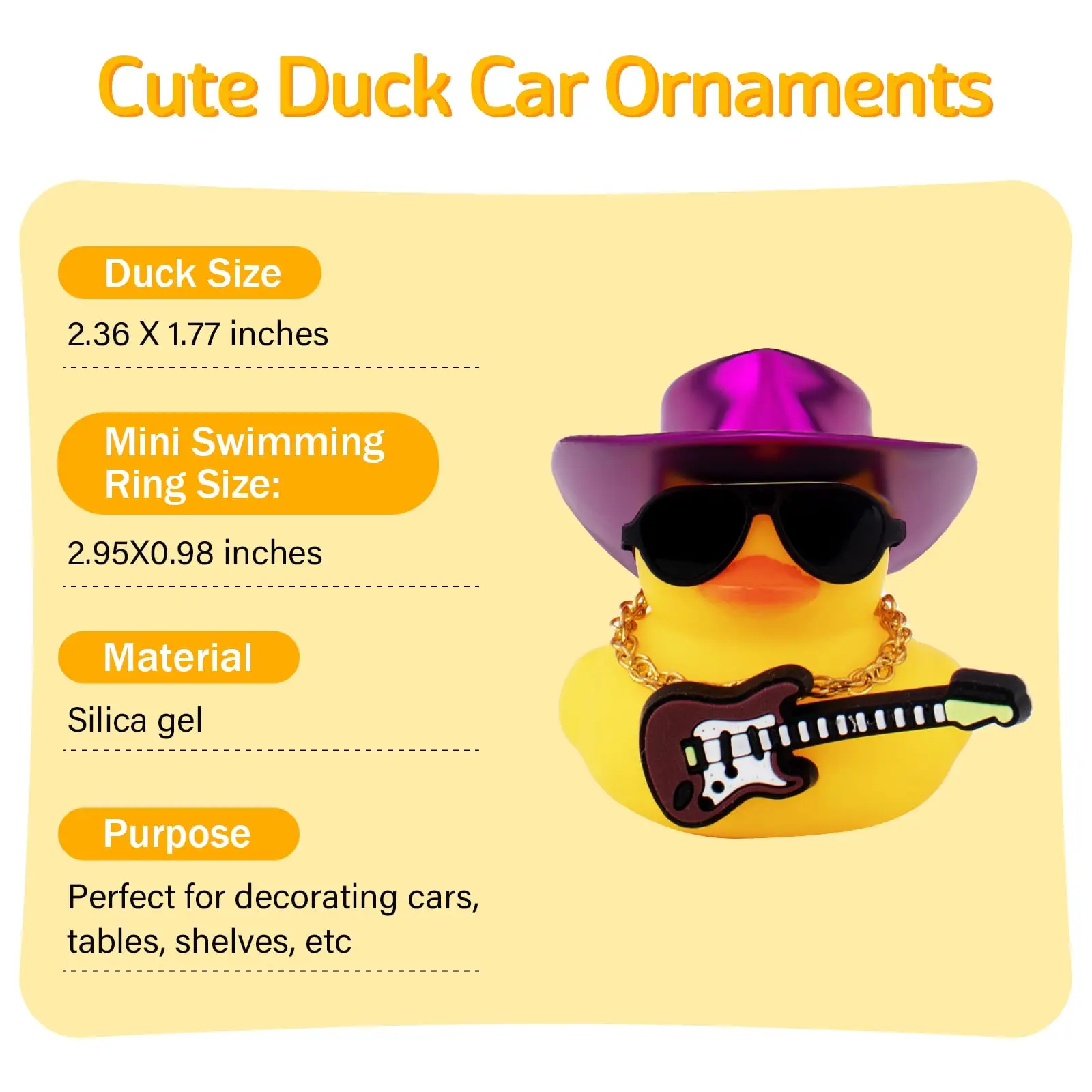 Rubber Duck Car Ornaments Guitar Duck Dashboard Decorations with Cowboy Laser Hat Necklace and Sunglasses, Purple