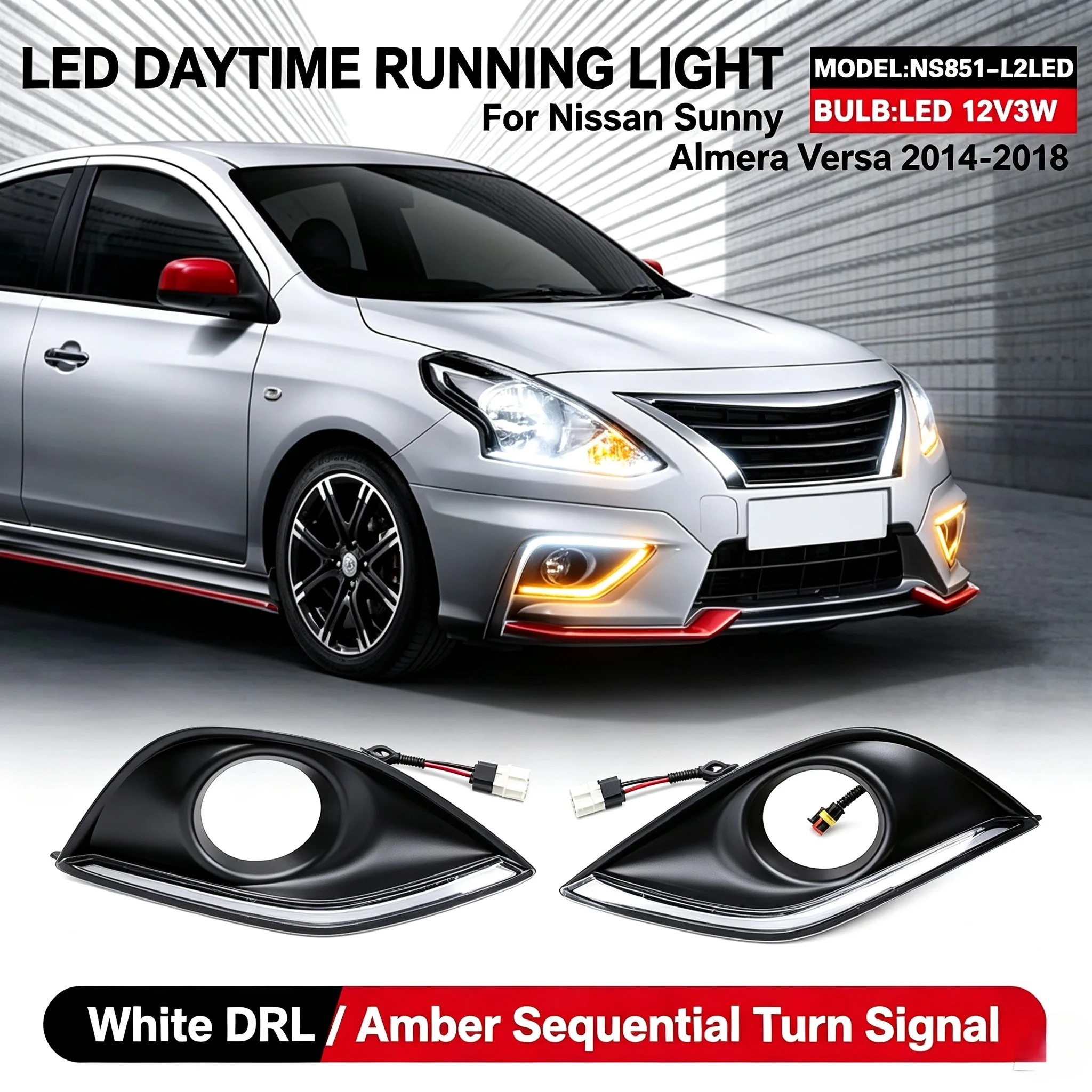 

Front Bumper Daytime Running Lights, Dual Color LED DRL Fog Lamp Cover with Turn Signal, Auto Parts Fit For 2014 Nissan Sunny