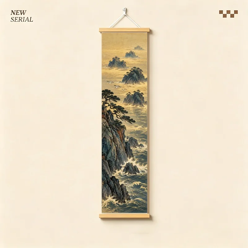 Mountain and Wave Wall Art with Pine Forests, Waterfalls and Moon on Silver Shimmer Canvas for a Dramatic Living Room