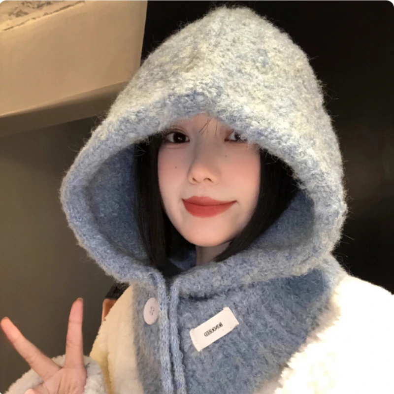 

Корейский шерстяной пуловер, вязаная шапка, зимний уличный шарф, защита шеи, встроенная женская теплая шапка-балаклава для защиты ушей