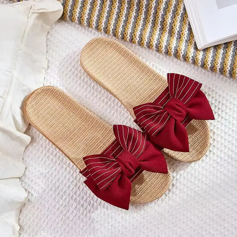 New Women's Summer One Word Bow Flat Sole Linen Slippers Soft Sole Non Slip Anti Odor Home Slippers Silent Wooden Floor Slippers