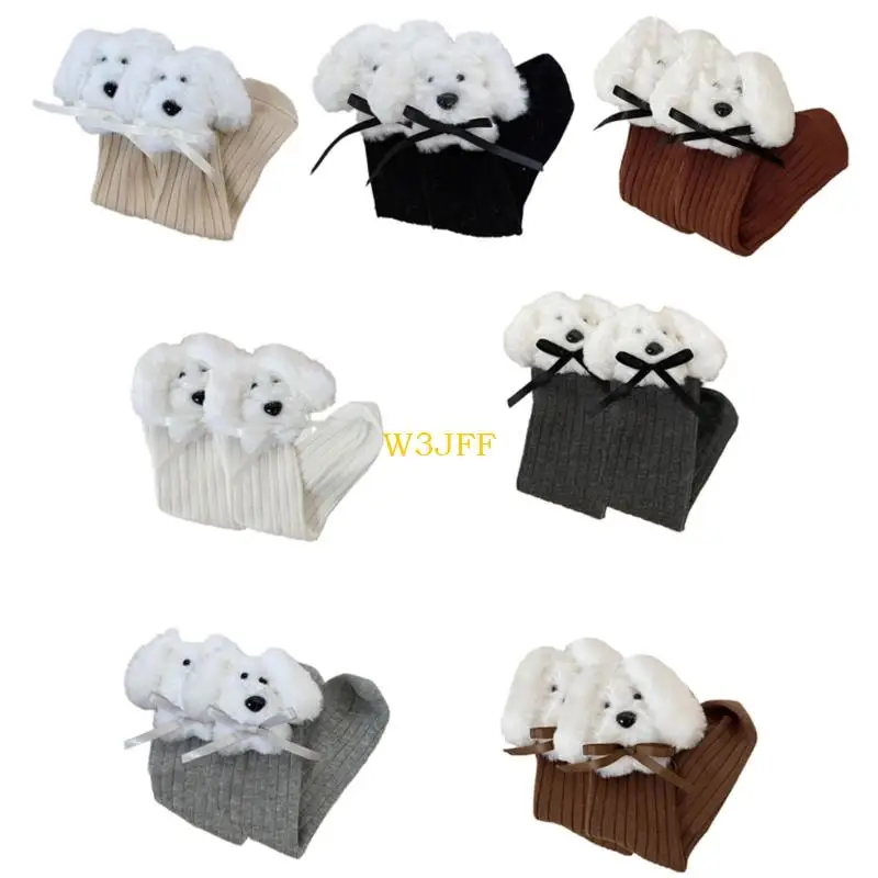 

W3JF Soft Plush Dog Bowknot Long Tube Socks For Girls Toddler Autumn Winter Warm Comfortable Cotton Stackable Socks
