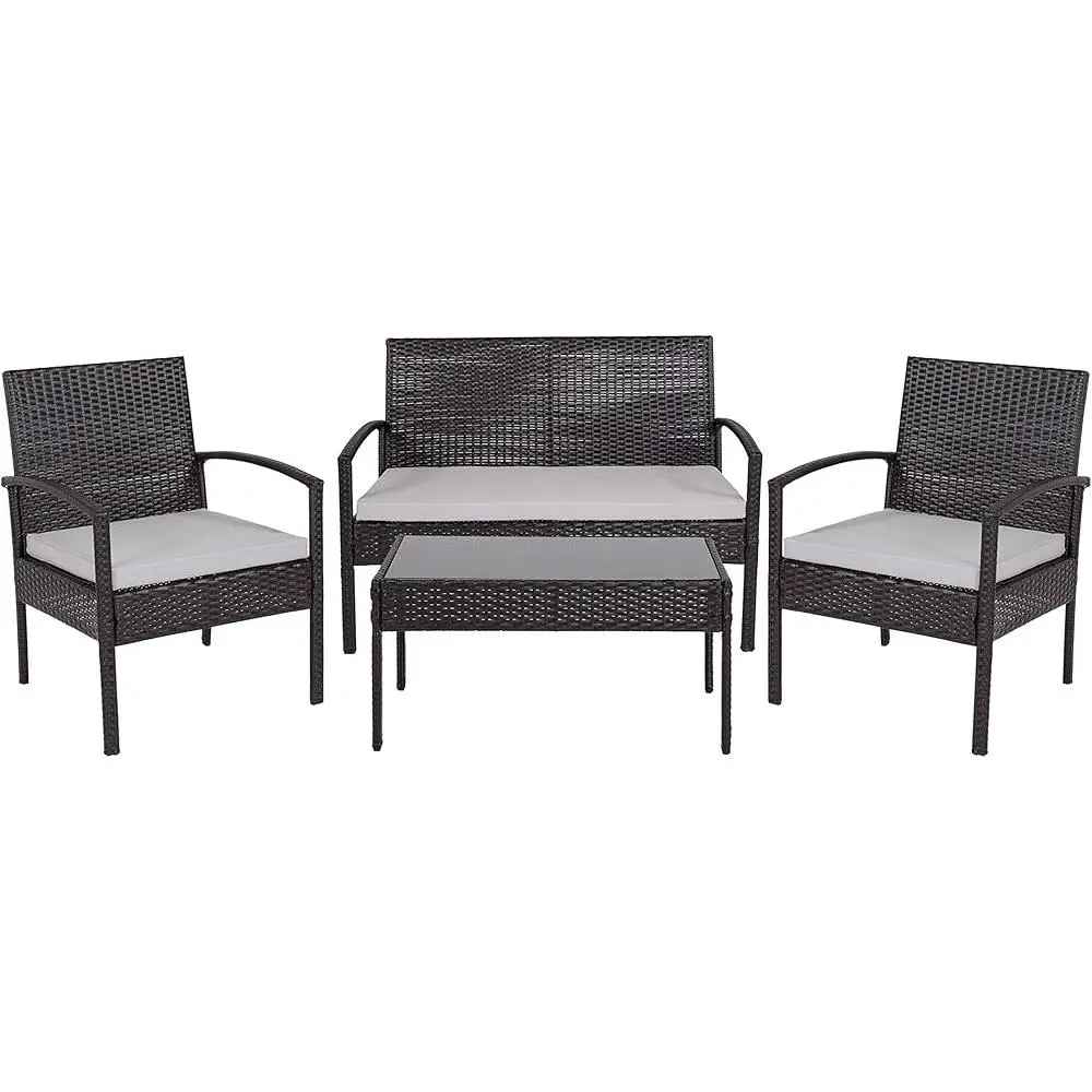 4-teiliges schwarzes Terrassenset mit Stahlrahmen, graue Kissen, tiefe Sitzgelegenheiten, Gartenmöbel, Rattan-Finish, bequem, langlebig, für jedes Wetter