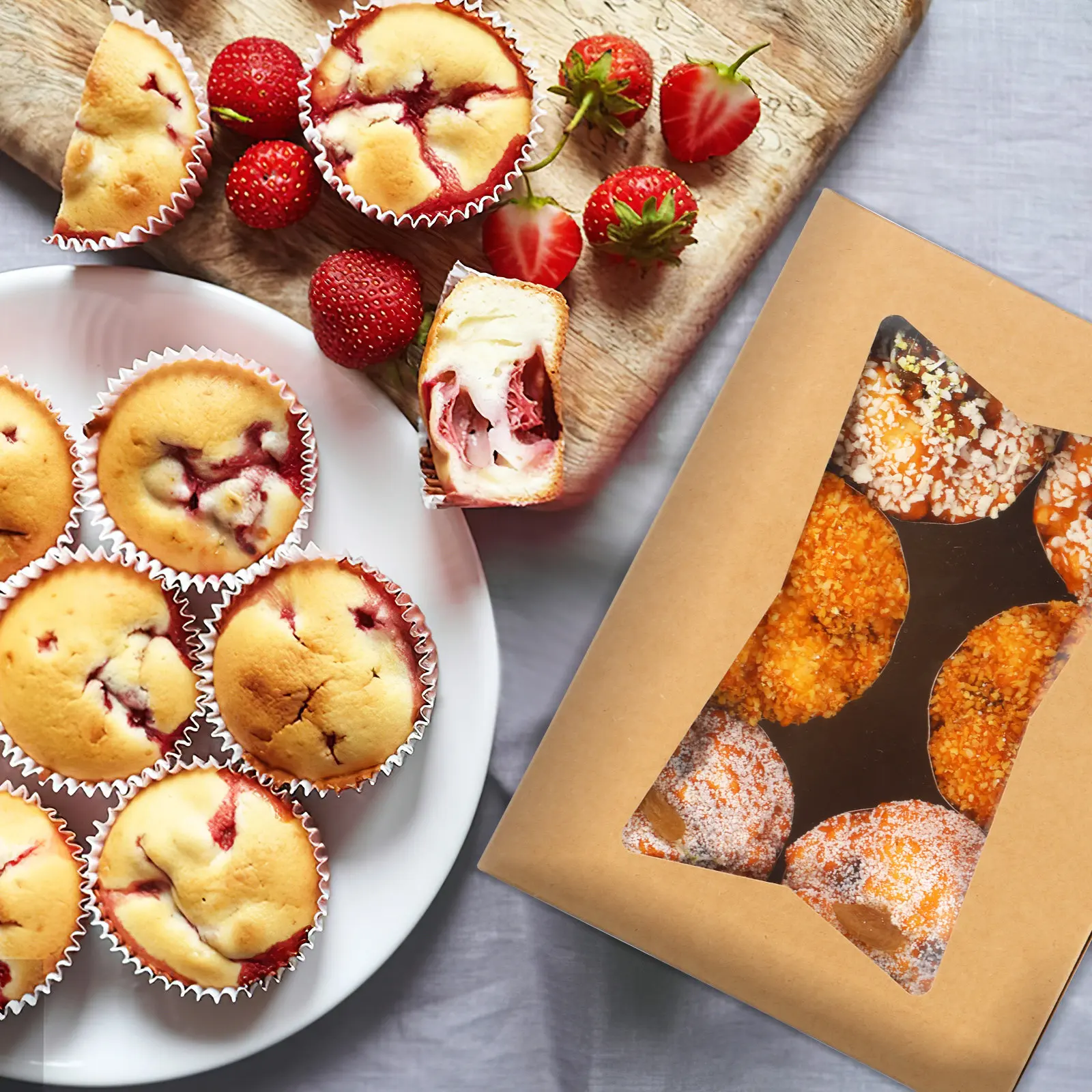 24PCS Kraft Bakery Boxes with Window Small Treat Packaging for Cupcakes Cookies Desserts and Baked Goods