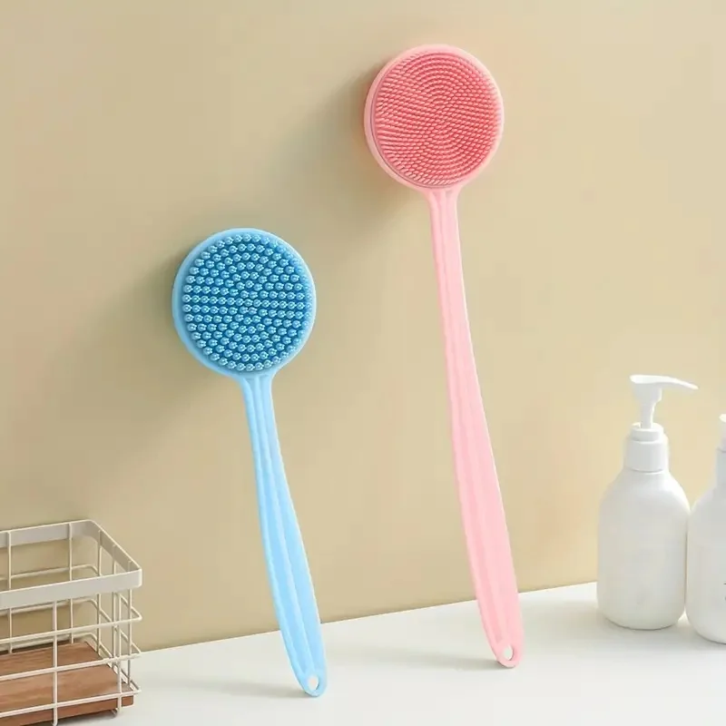 Double-Sided Silicone Back Scrubber with Bristles - Long Handle for Exfoliating and Cleaning Body in Shower or Bath - Bathroom