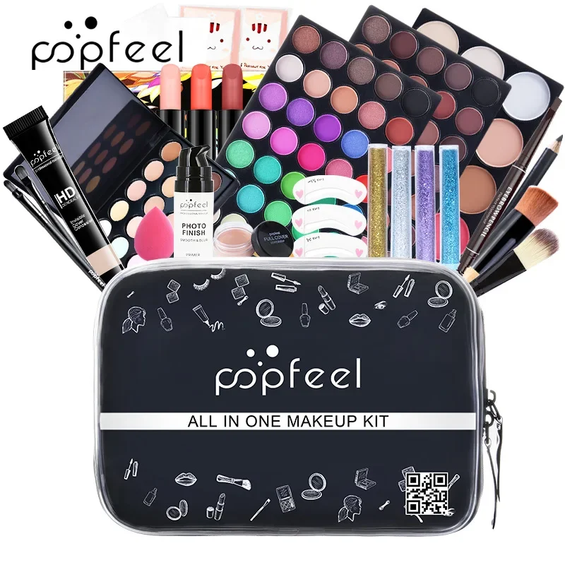 Kit de maquillaje con paleta de sombra de ojos, maquillaje líquido, lápiz labial, esponja, base, corrector, cejas, caja de regalo