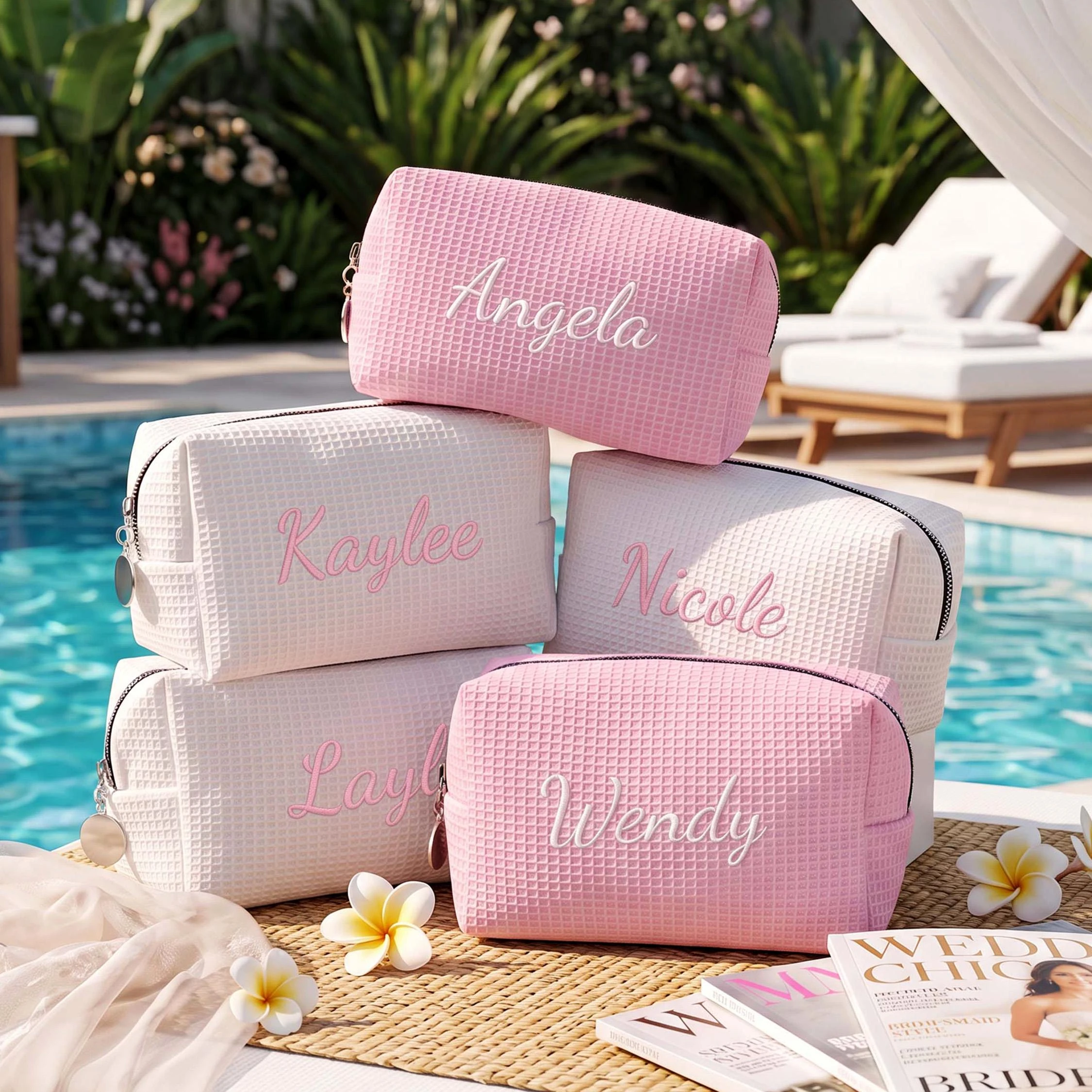 Personalized Embroidered Waffle Cosmetic Bag Monogram Makeup Pouch Bridesmaid Gift Custom Name Toiletry Bag Bridal Shower Gift