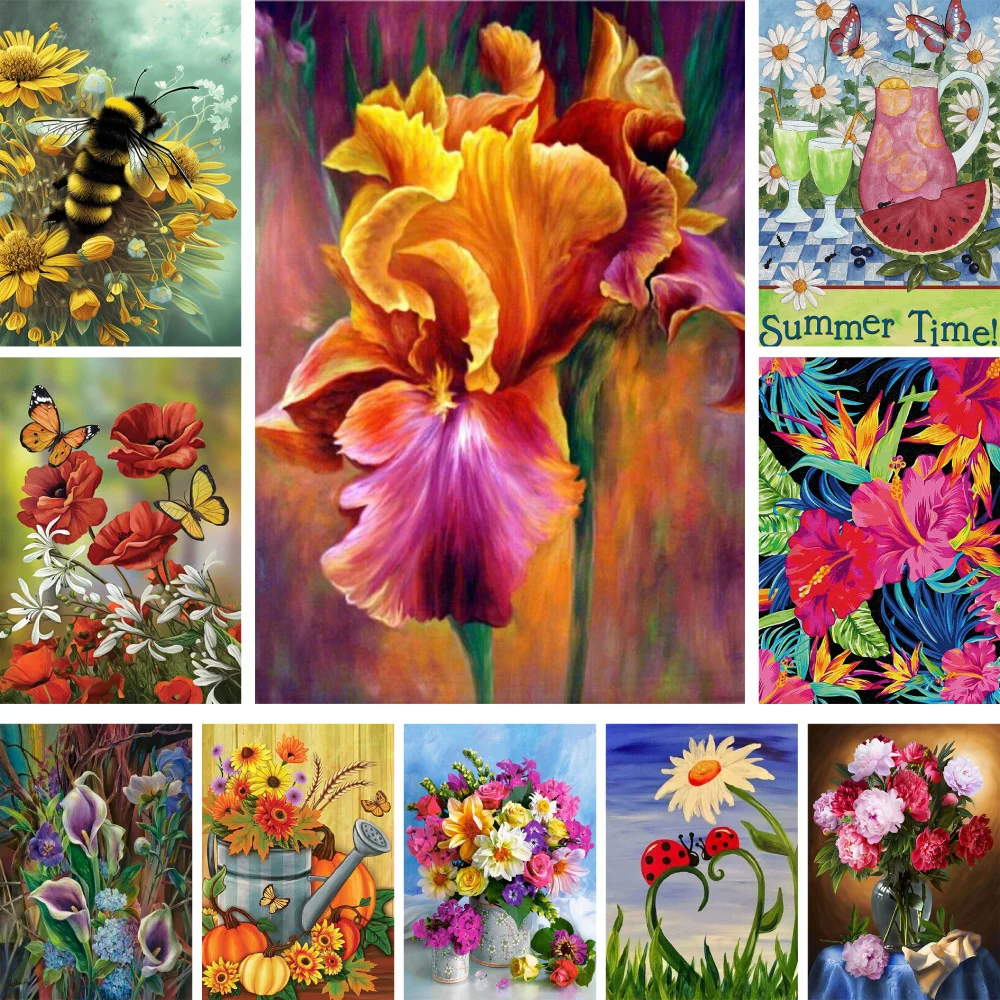 

Flowers Iris Chrysanthemum Printed Cross-Stitch Embroidery Complete Kit Hobby Needlework Sewing Knitting Mulina Stamped Design