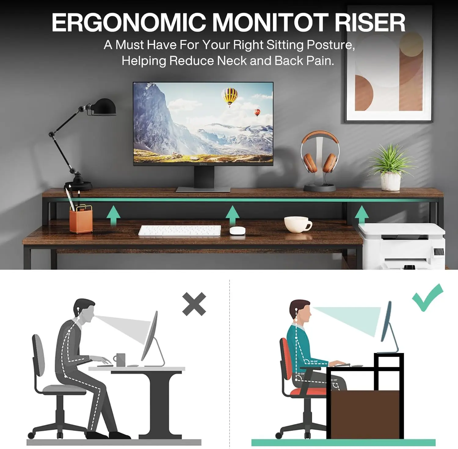 Escritorio de ordenador con soporte para Monitor, escritorio de oficina en casa grande Reversible de 63 "con cajón y estantes de almacenamiento, mesa de escritura de estudio Industrial