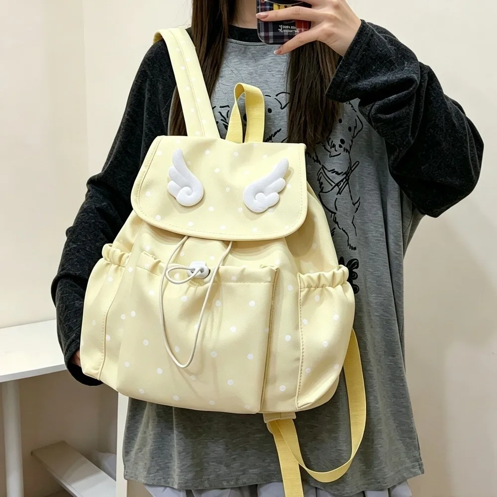 Polka-Dot Print Drawstring Backpack Drawstring Closure Angel Wing Decor Bookbag Backpack Casual Style Flap Design Flap Backpack