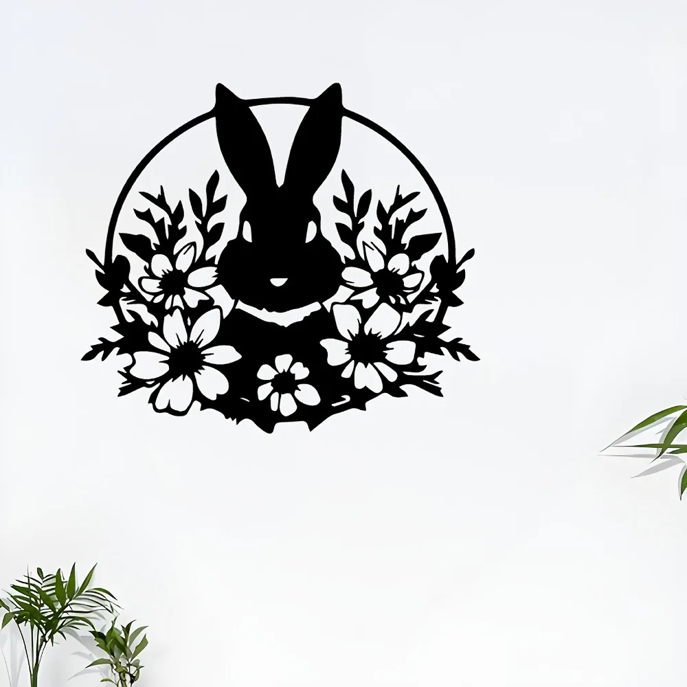 CIFBUY Metal Wall Art Bunny Floral Design Rustproof Iron Mural Decor for Living Room Garden Yard Outdoor Patio