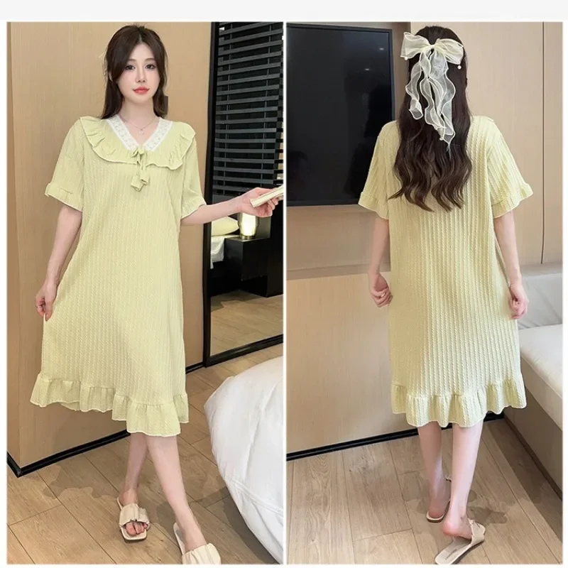 5XL Plus Size Short Sleeve Nightgown Women Japanese Ins Style Pajamas Cotton Homewear Summer Solid Loose Home Dress Sleepwear