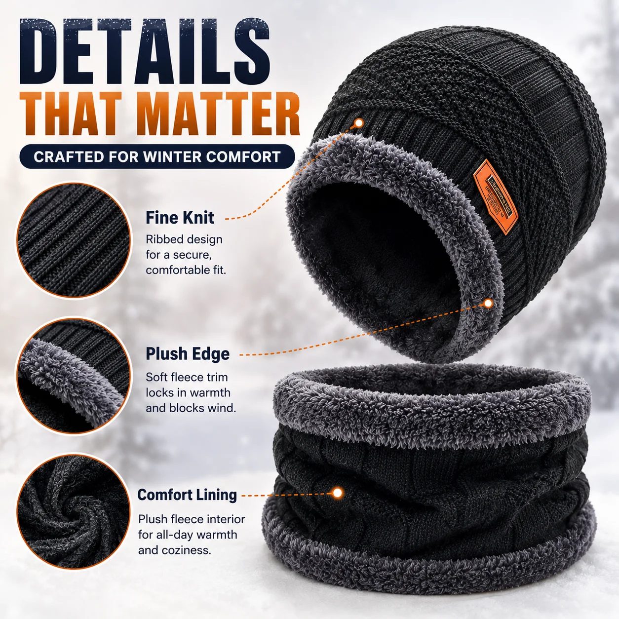 2PCS Winter Beanie Hat Neck Warmer Set Men Women Thick Fleece Lined Knit Cap Scarf Warm Windproof Cold Weather Outdoor Gift Wear