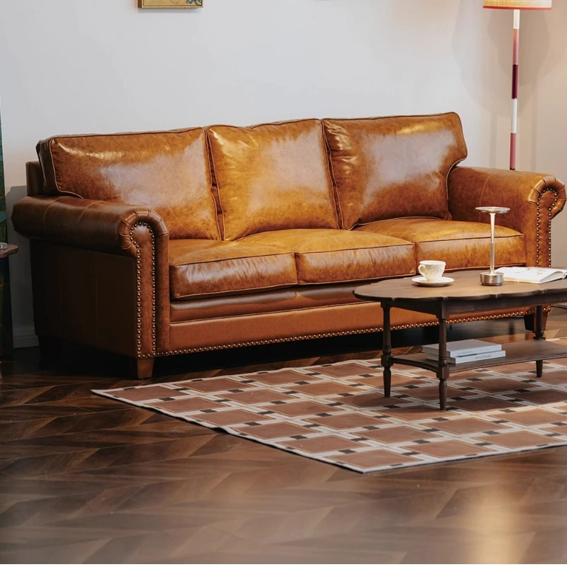 

Oil wax leather sofa retro American leather art sofa first layer cowhide British straight row leather sofa