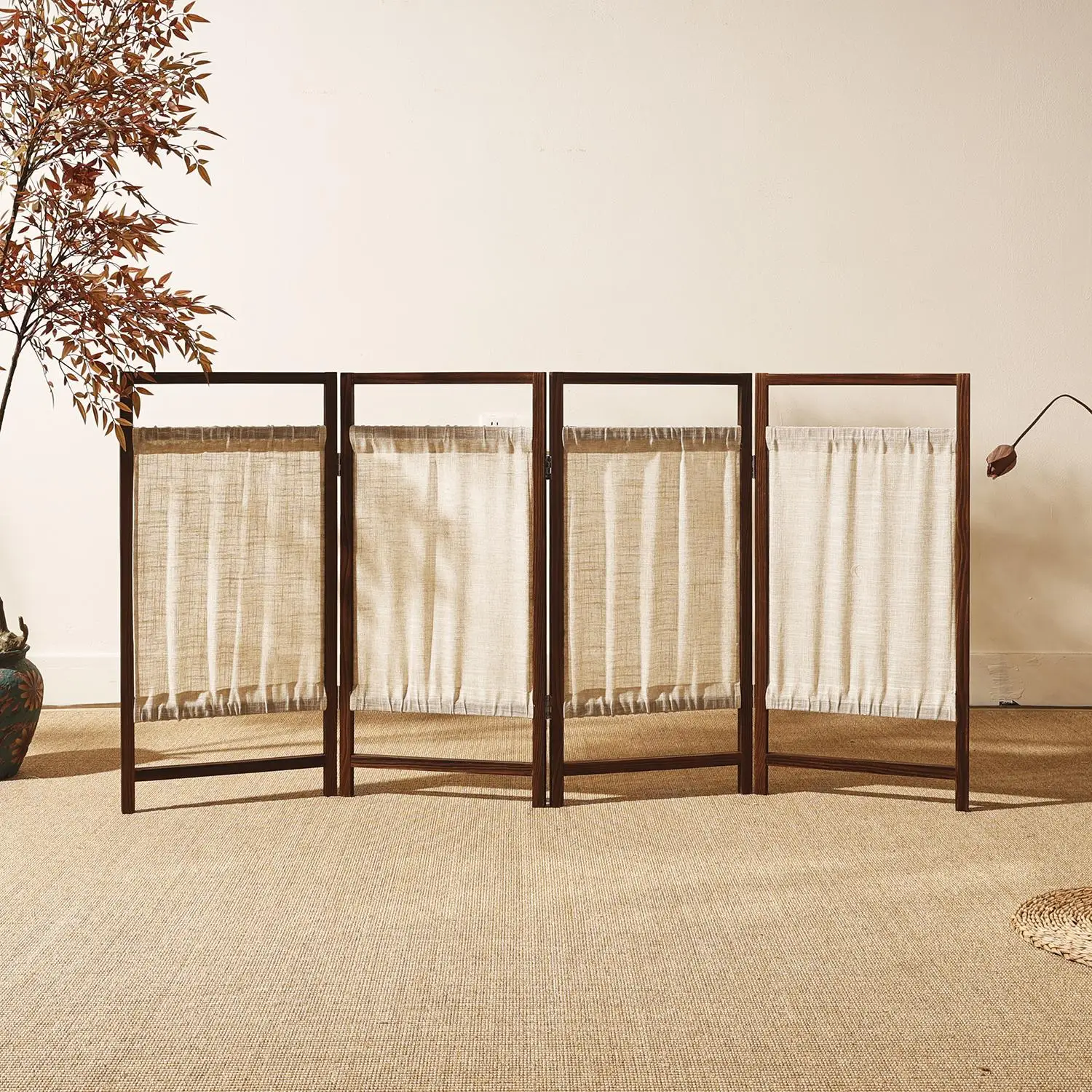 

Chinese solid wood linen screen partition ornament blocking old retro simple folk fabric folding screen 스크린 자바라 room devider