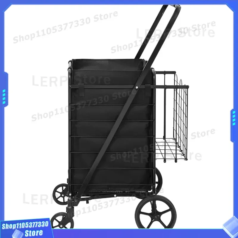 Large Capacity Folding Shopping Cart 210lb Load Double Basket Grocery Trolley with Removable Waterproof Liner Heavy Duty