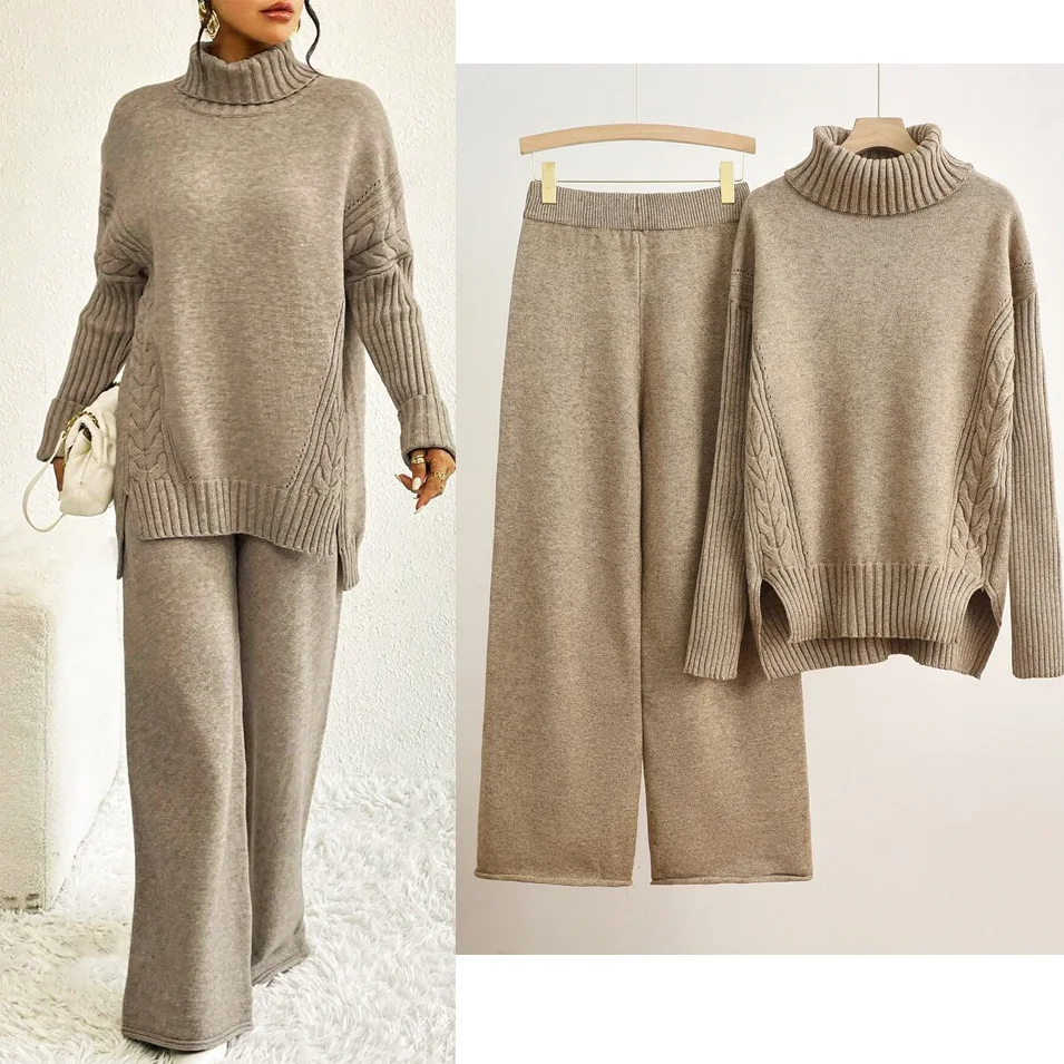 

Autumn And Winter New Knitted Suit Temperament Casual Split Turtleneck Sweater Solid Color Wide-leg Pants Two-piece Set