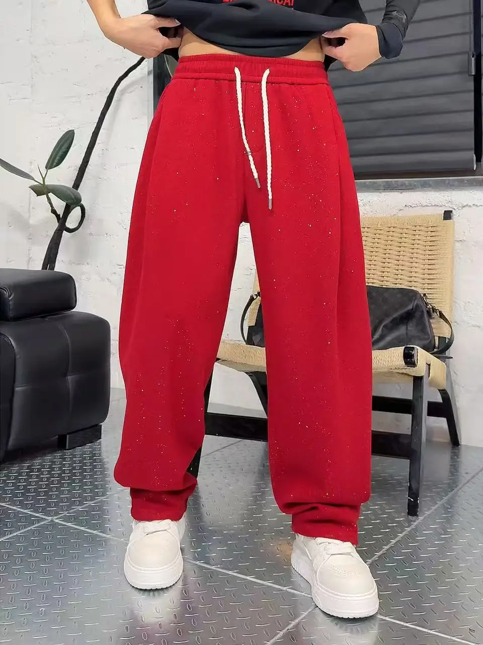 

Winter New Fashion Fleece Lined Thickened Shiny Loose Comfortable Drapey Casual Pants Men's Star Highlight Straight Leg Jeans