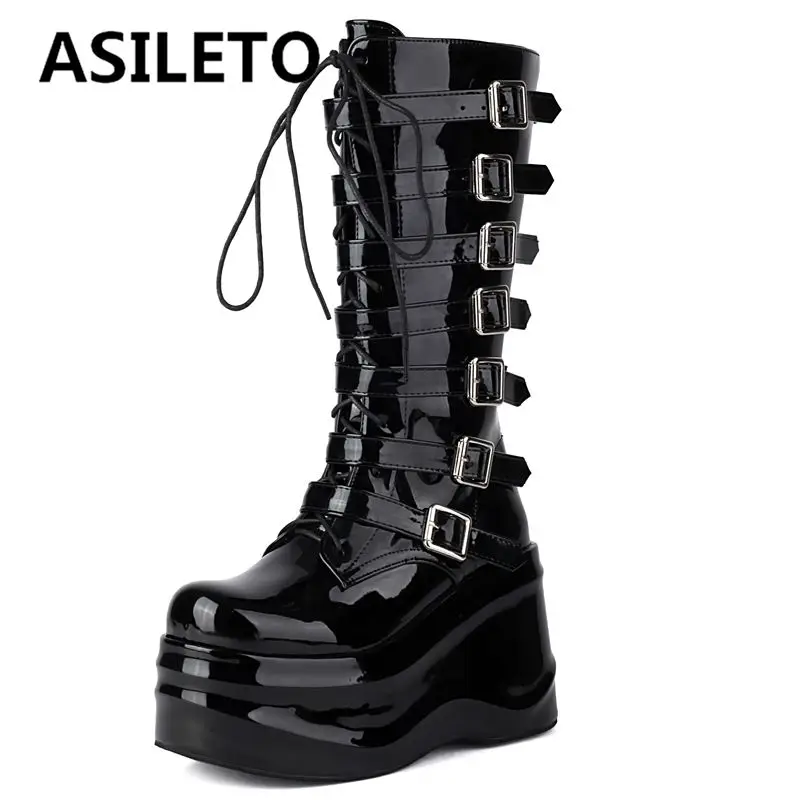 

ASILETO Gothic Women Boots Round Toe Patent Leather Wedges 10.5cm Platform Hill 6.5cm Zipper Lace Up Belt Buckle Punk Booties