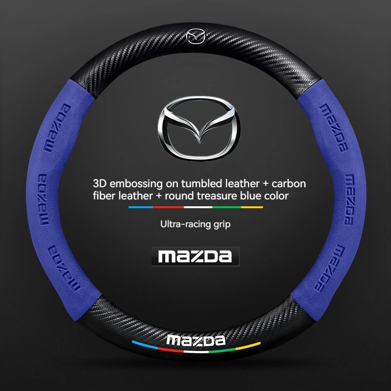 For Mazda 3 5 6 SKYACTIV Axela Atenza CX30 CX5 CX8 CX9 MX5 RX8 RX7 BT50 Carbon fiber Suede Car Steering Wheel Cover Accessories